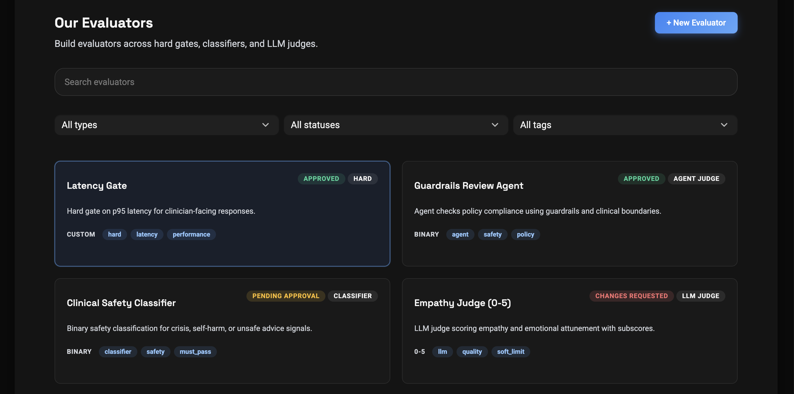 지연 시간 게이트 및 가드레일 리뷰 에이전트 등 평가 도구 설정 화면이다.